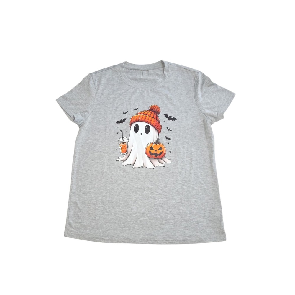 Unbranded T-Shirt Women L Gray Halloween Ghost Pumpkin Graphic Short Sleeve Tee